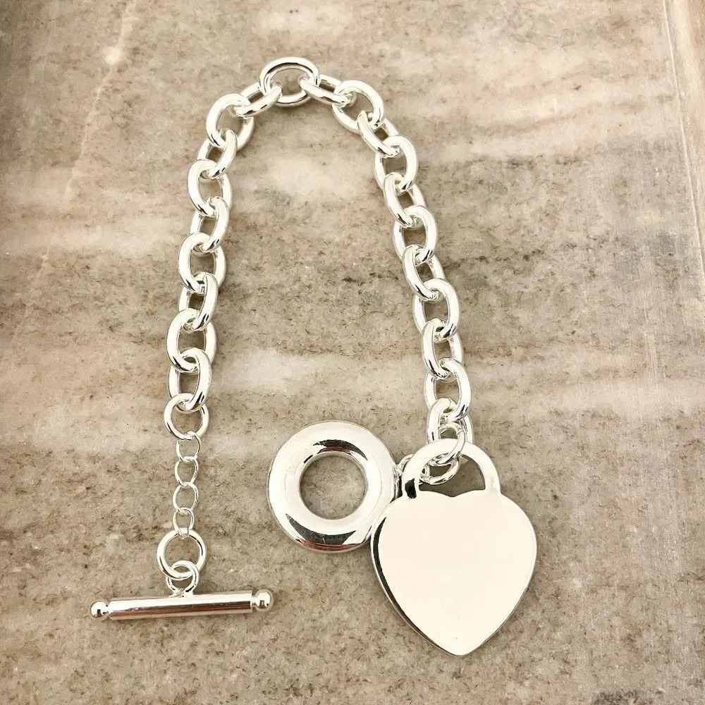 925 Sterling Silver Bead Heart Toggle Bracelet Chunky Thick Bold Link Bracelet - Picture 2 of 3